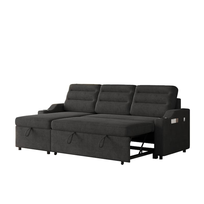 83.5" Fabric Convertible 3-Seater Sleeper Sofa with Pull-Out Bed, Recliner, Storage Pocket, and Cup Holder