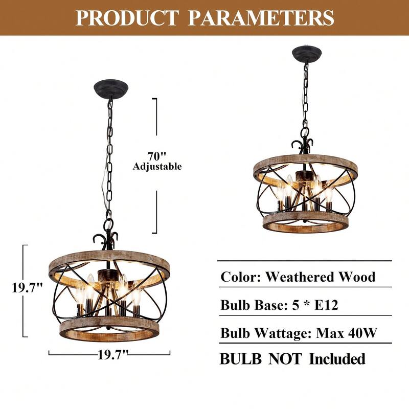 Cusp Barn 15.7 Inch Farmhouse Drum Wood Chandelier, 5-Light Rustic Over Table Chandelier Light Fixtures for Kitchen Island Foyer