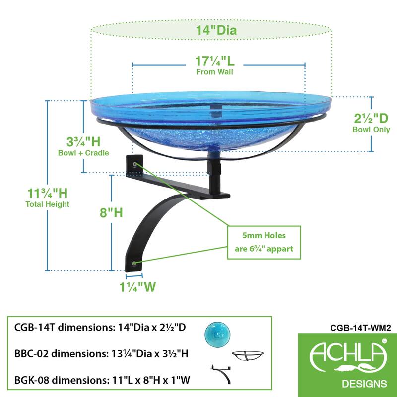 Achla Designs 14"Dia. Round Crackle Glass Birdbath w/Black Wrought Iron Wall Mount Bracket
