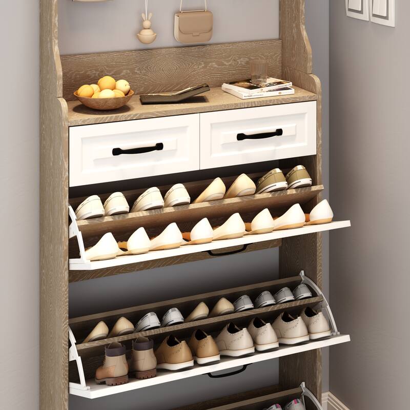 Shoe Cabinet with 3 Flip Drawers & 2 Drawers, Hidden Narrow Shoe Rack Cabinet, Entryway Wood Shoe Storage Organizer