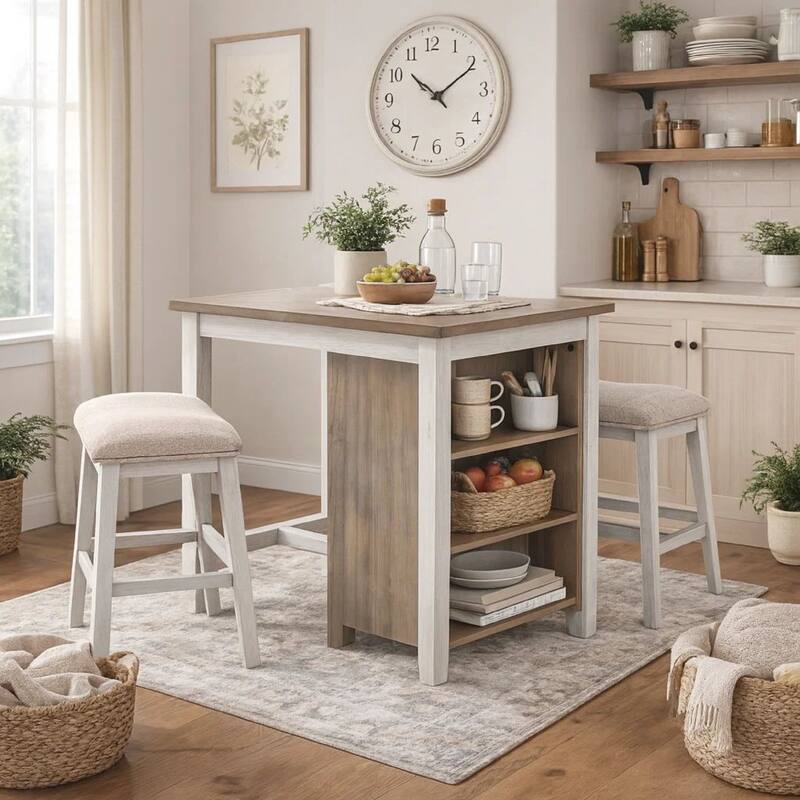 3 Piece Counter Height Table and Barstool Set, Antique White and Brown