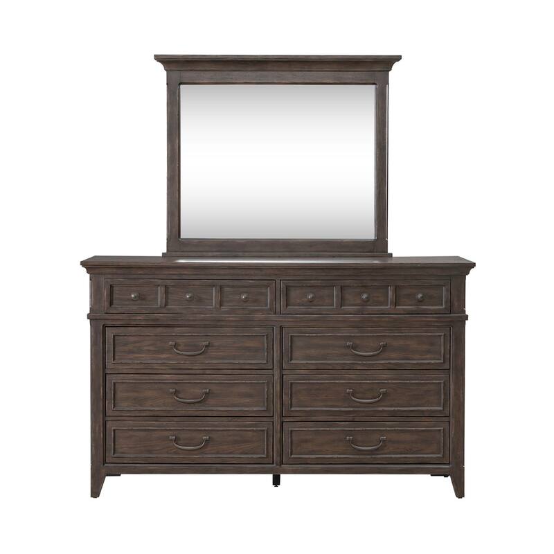 Paradise Valley Saddle Brown Upholstered Bed, Dresser and Mirror, & Nightstand
