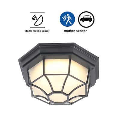 Matte Black Motion Sensor Dusk to Dawn LED Flush Mount with Frosted Glass - W10.25" x E10.25" x H 4.75"