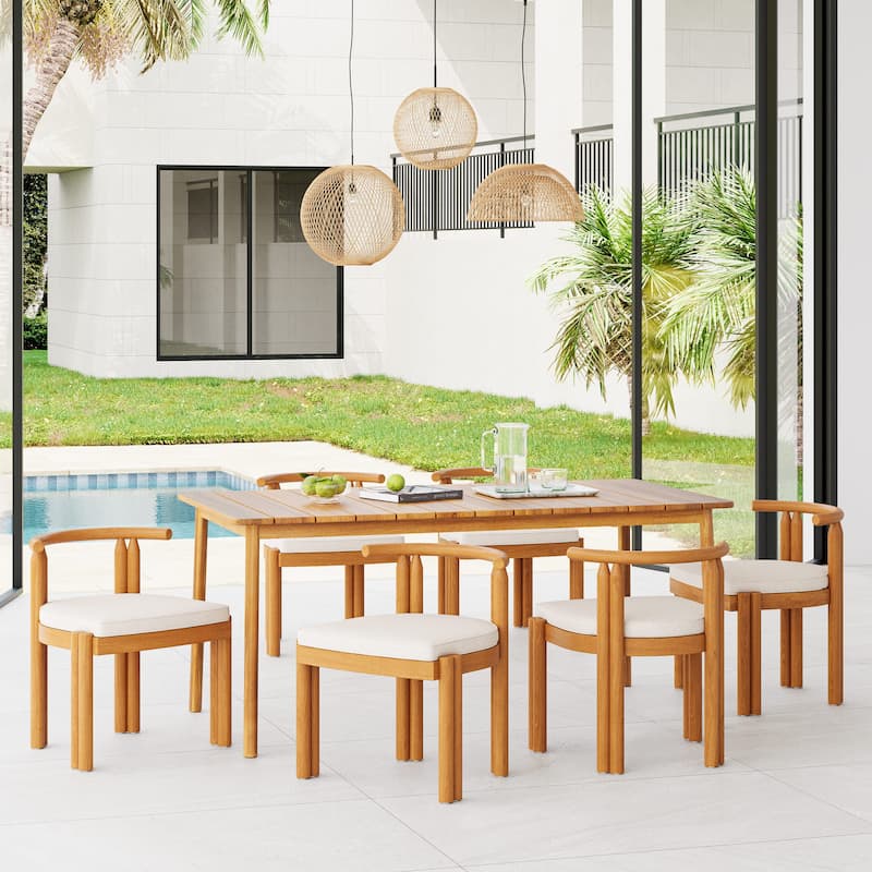 Christopher Knight Home - Sanchez Acacia Wood Outdoor 7 Piece Dining Set with Polyester Cushion - 7 Piece - Teak Finish+Beige Cushion