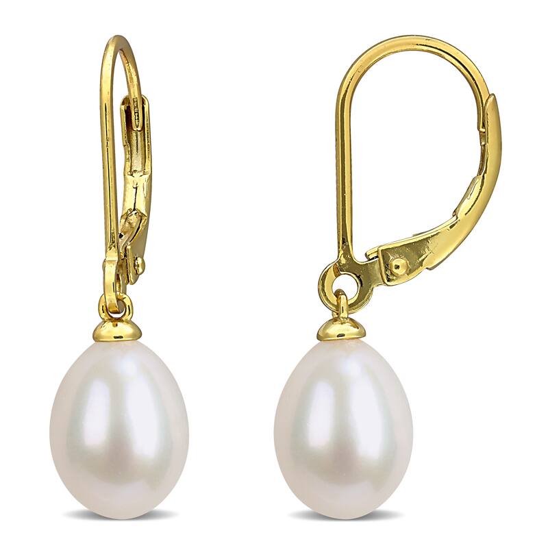 Miadora 7.5-8mm Cultured Freshwater Drop Pearl Leverback Earrings Yellow Plated Sterling Silver