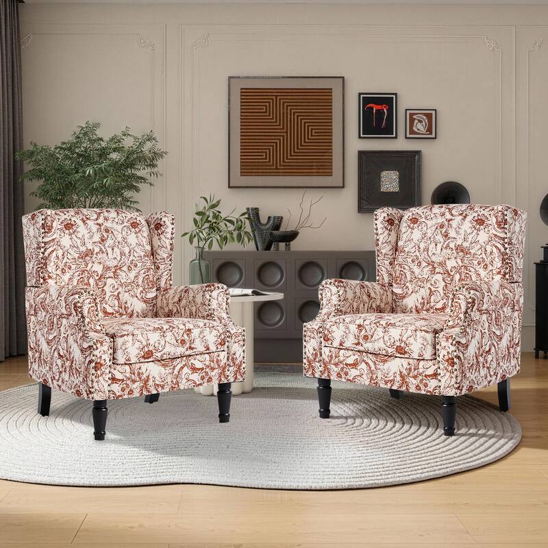 Upholstered Nailhead Trim Armchair Wingback Accent Chairs Set of 2 - Rococo Orange