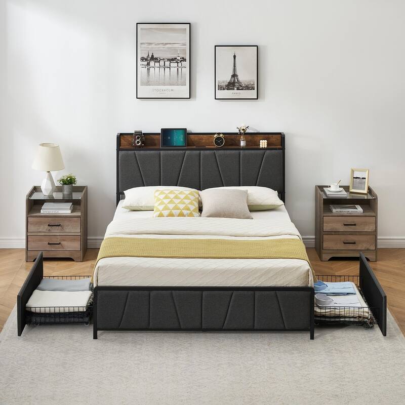 Bed Frame with 2 Storage Drawers and Charging Station - Grey_King - King