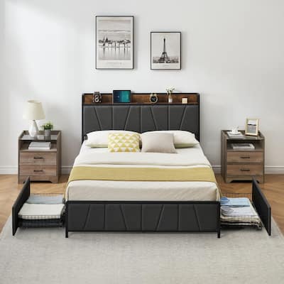 Bed Frame with 2 Storage Drawers and Charging Station