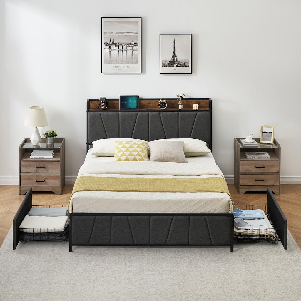 Bed Frame with 2 Storage Drawers and Charging Station