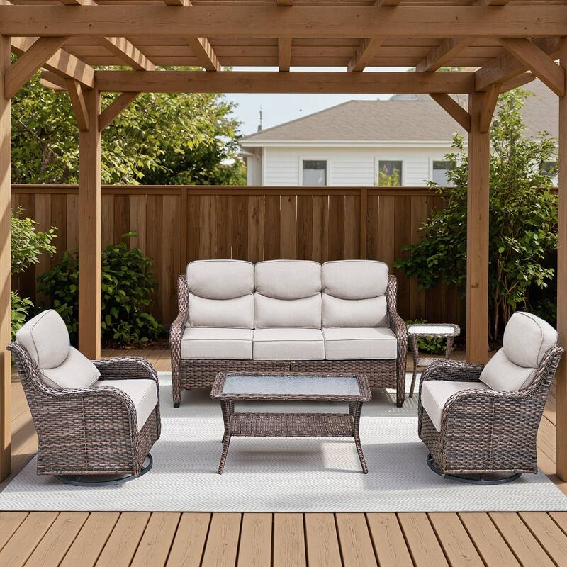 Meyreso 7-Piece Wicker Patio Conversation Set with Swivel Gliders and 6-Inch Thick Cushions - Brown/Beige - 5-Piece