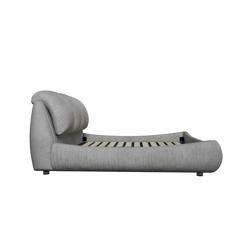 Queen/King Size Upholstered Platform Bed with Oversized Padded Backrest, Low Profile Bed Frame Floor Bed with Thickening Slats