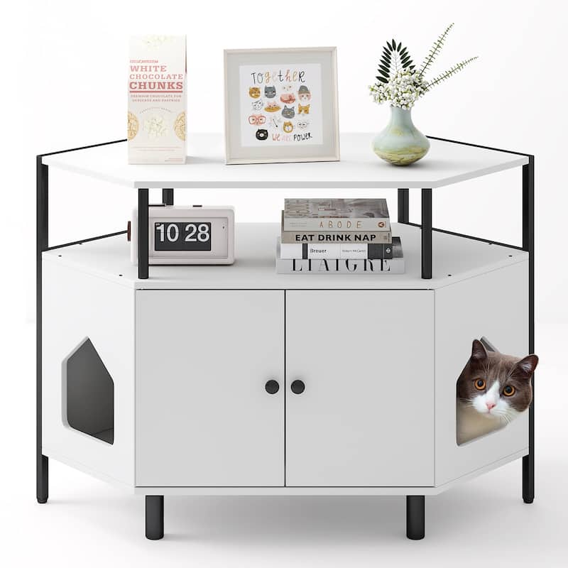 Gymax Corner Cat Litter Box Enclosure End Table w/ Open Shelf 2 - White - Wood