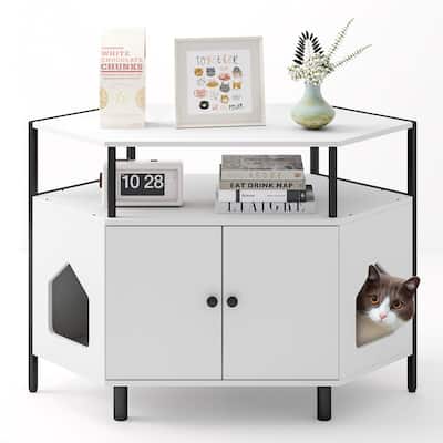 Gymax Corner Cat Litter Box Enclosure End Table w/ Open Shelf 2