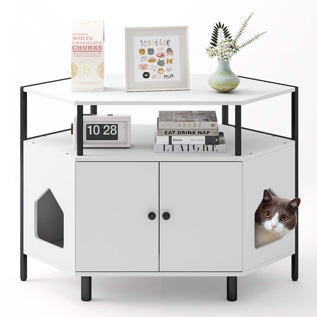 Gymax Corner Cat Litter Box Enclosure End Table w/ Open Shelf 2