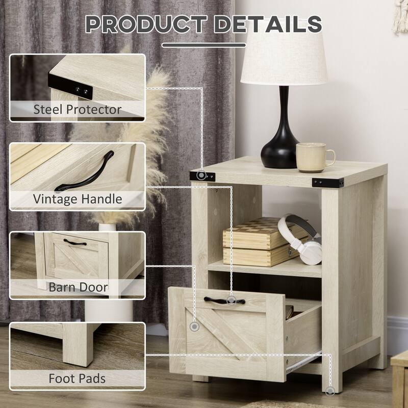 Oak MDF Side End Table with Drawer and Open Shelf for Living Room or Bedroom - 17.75" W x 15.25" D x 23.75" H