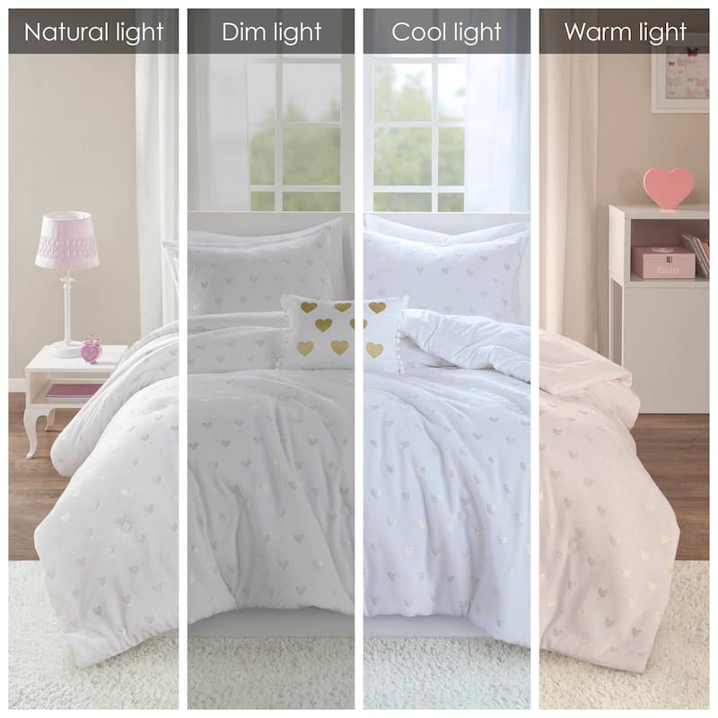 4 PCS Full/Queen Metallic Printed Plush Comforter Set with Throw Pillow White/Gold