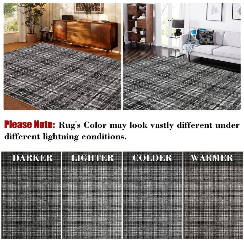 Washable Area Rugs for Living Room Bedroom Modern Plaid Rug Soft Non Slip Low Pile Farmhouse Geometric Rug