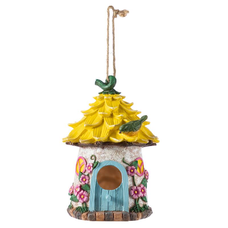 Glitzhome 9''H Resin Pink Yellow Roof Outdoor Garden Birdhouse