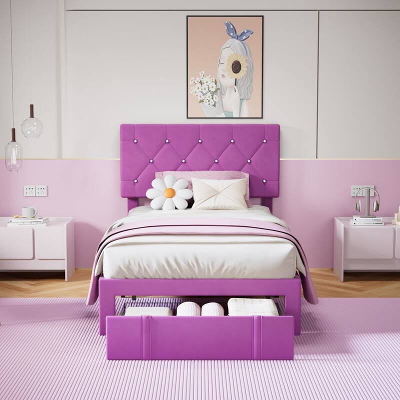 VECELO Bed Frame with Storage Drawers Leather Upholstered with Diamond Tufted Headboard Solid Wood Slat Support