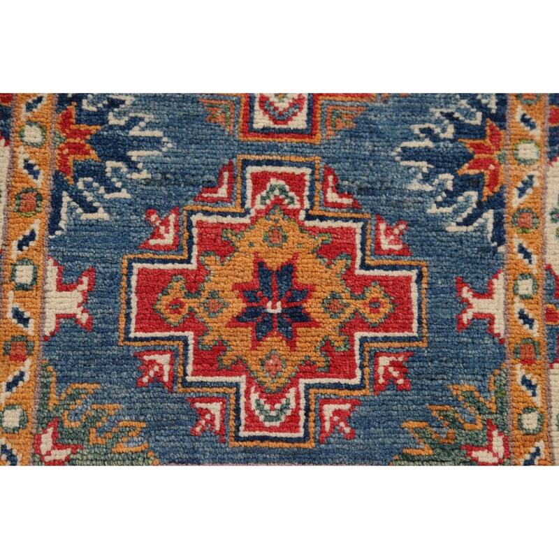 Hand Knotted Oriental 100% Wool Carpet Traditional Geometric Navy Blue & Blues Kazak Area Rug - 3' 1'' X 1' 11''