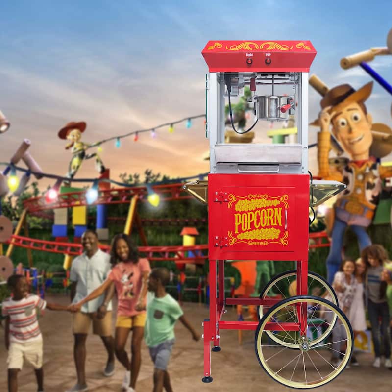 Popcorn Machine with Cart - 8oz Popper with Stainless-steel Kettle, Heated Warming Deck, and Old Maids Drawer