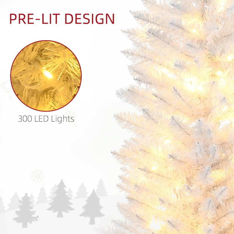 HOMCOM Pre-Lit Slim Noble Fir Tree - Warm White LED Lights, White, Holiday Decor