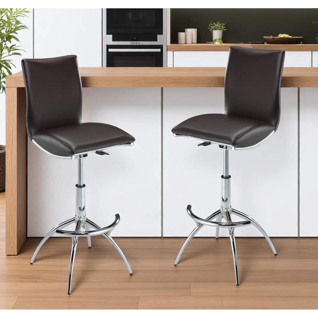 HomeRoots Set of Two Brown and Silver Metal and Faux Leather Low Back Adjustable Height Bar Chairs
