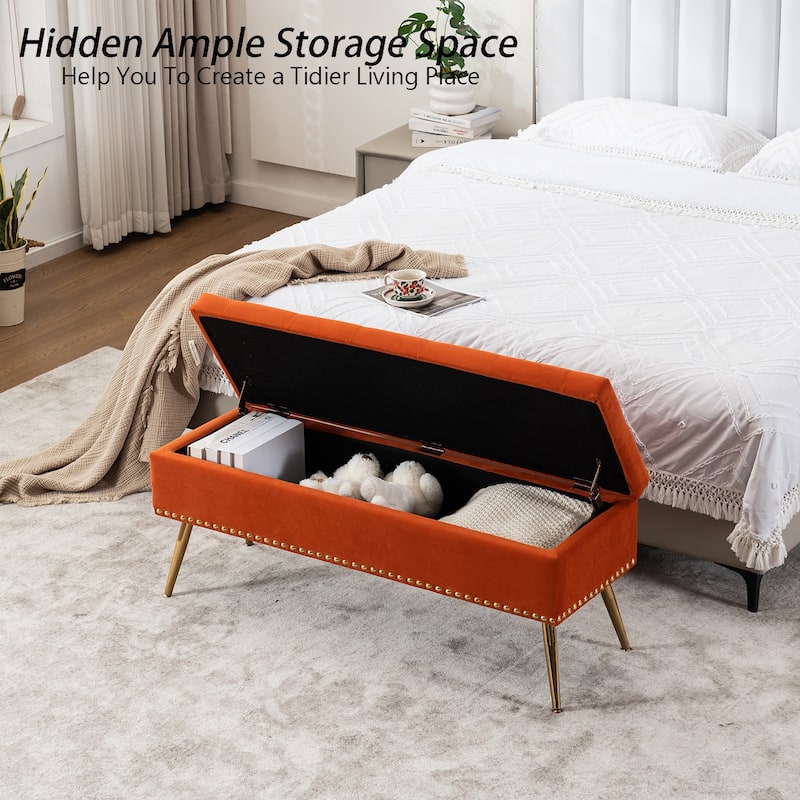 Velvet Storage Ottoman Bench with gold legs and Nailhead Trim for Bedroom/End of Bed/Entryway/Window