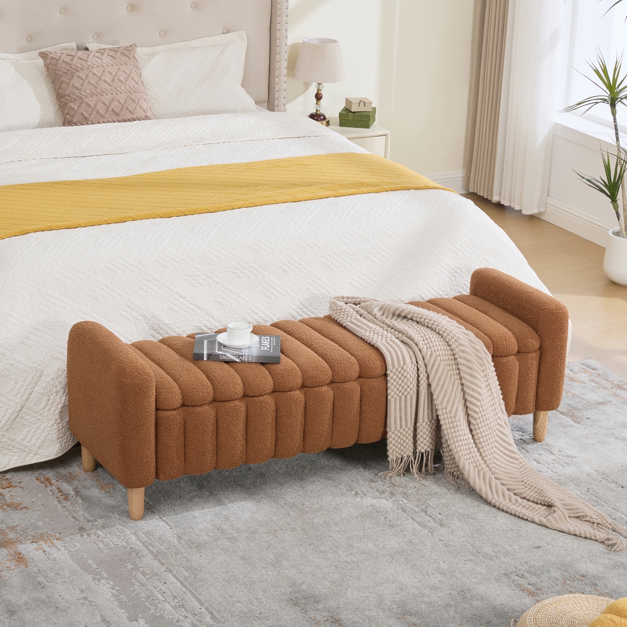 Modern Upholstered End of Bed Bench,Flip-Top Storage Accent Window Footrest Stool with Armrests