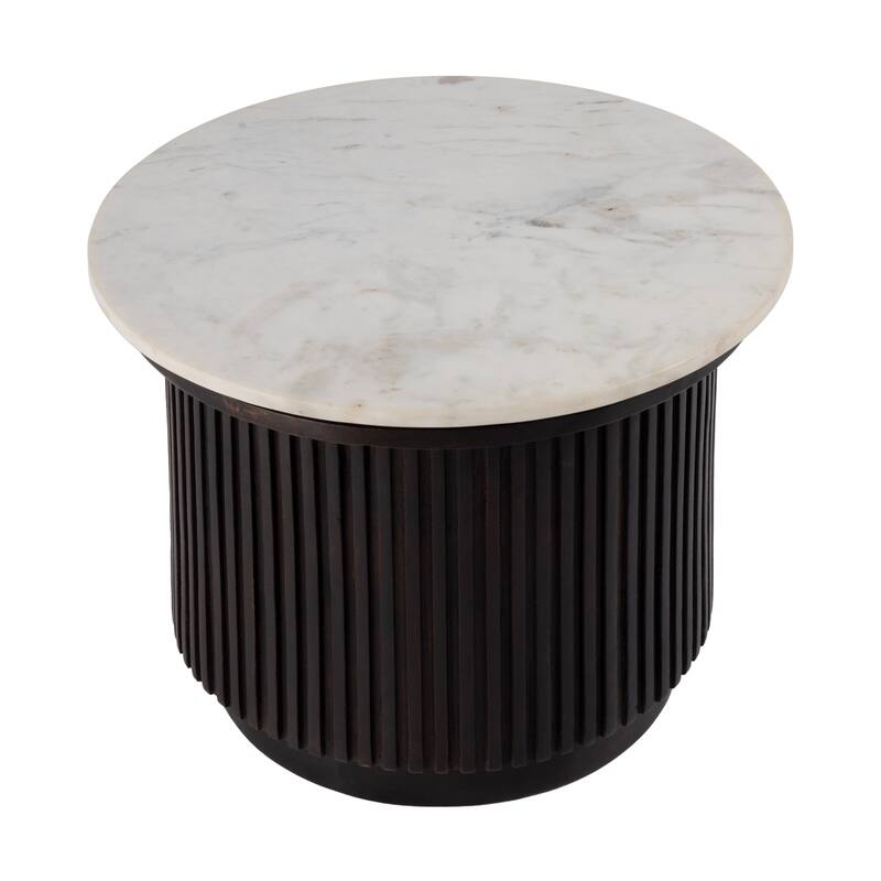 Georgia 22 in. W Round Wood and Marble Ribbed Side Table - Brown