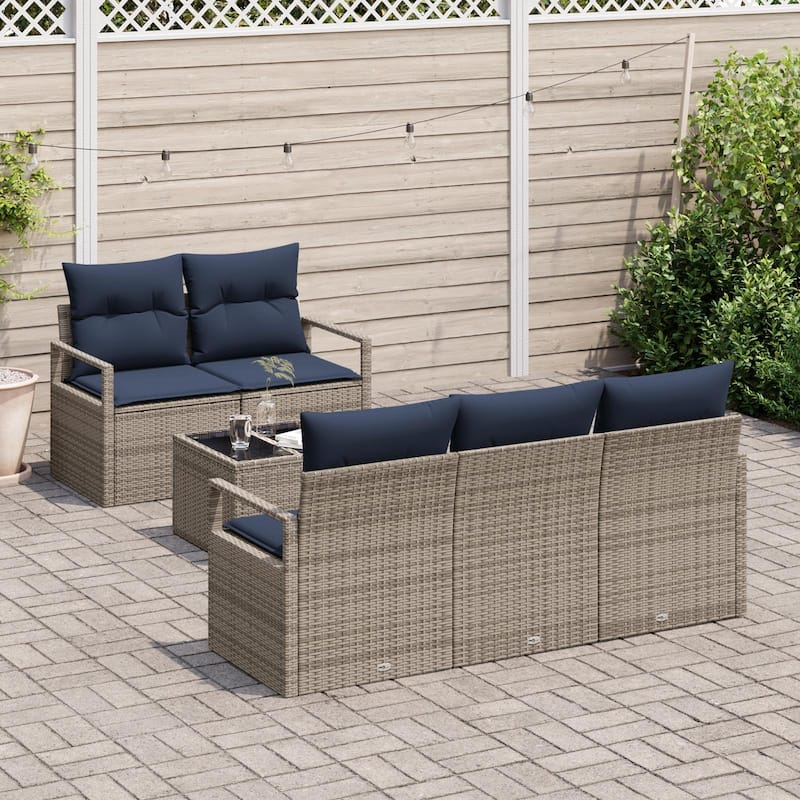 vidaXL 6 Garden Sofa Set with Cushions Black/Brown/Grey Poly Rattan - 68.9 x 24.4 x 27.2