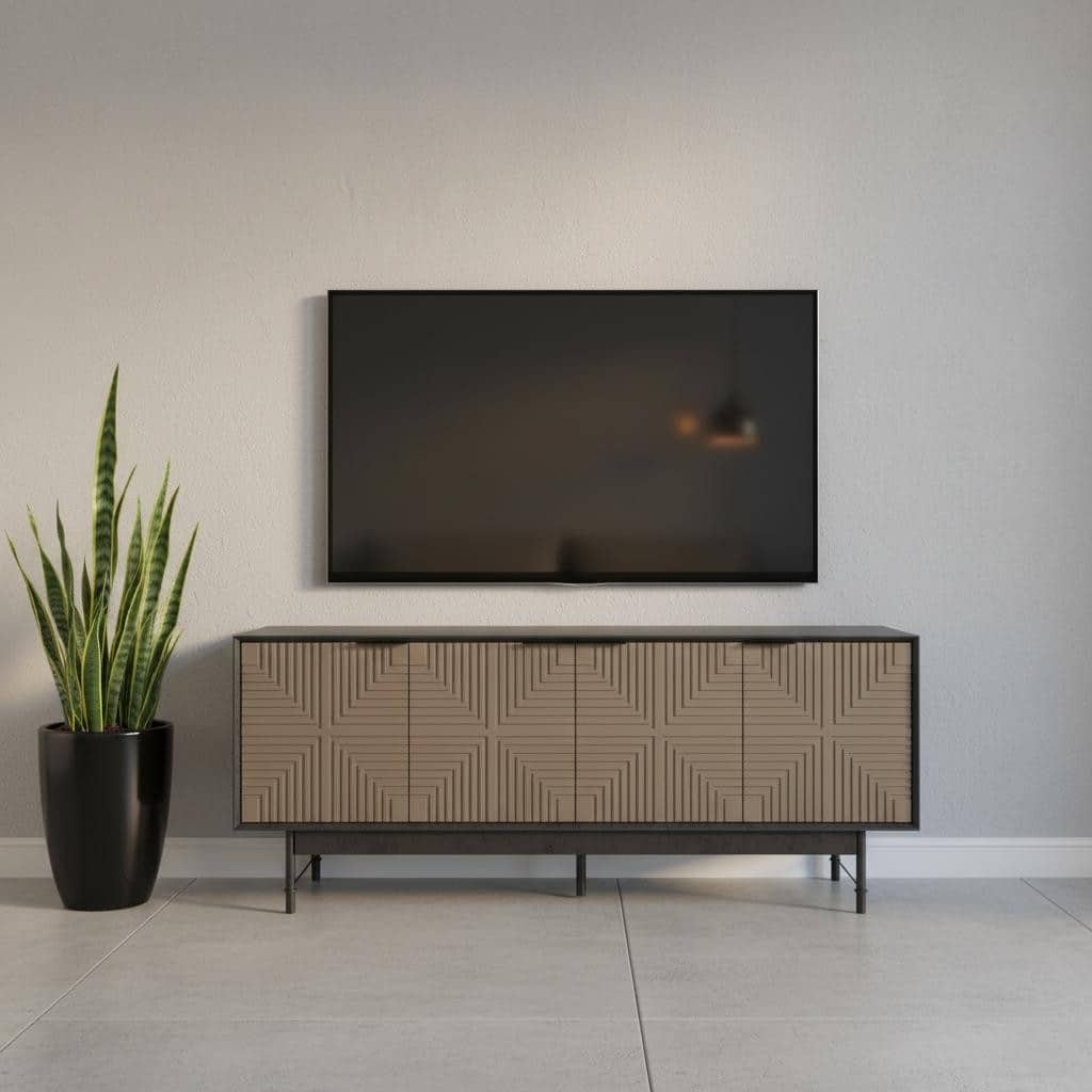 HomeRoots 65" Beige And Black Wood Carved Geo Texture Enclosed Storage TV Stand - 64.50 in. x 26.06 in. x 15.35 in.