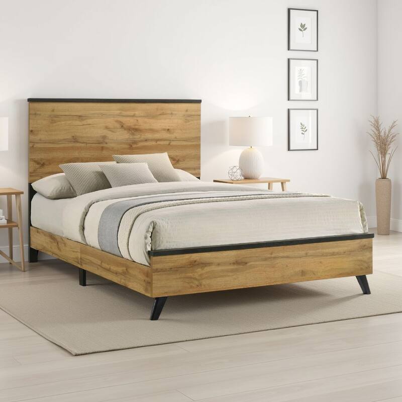 Wemy Full Size Bed, Tall Panel Headboard, Natural Brown Pine Finish