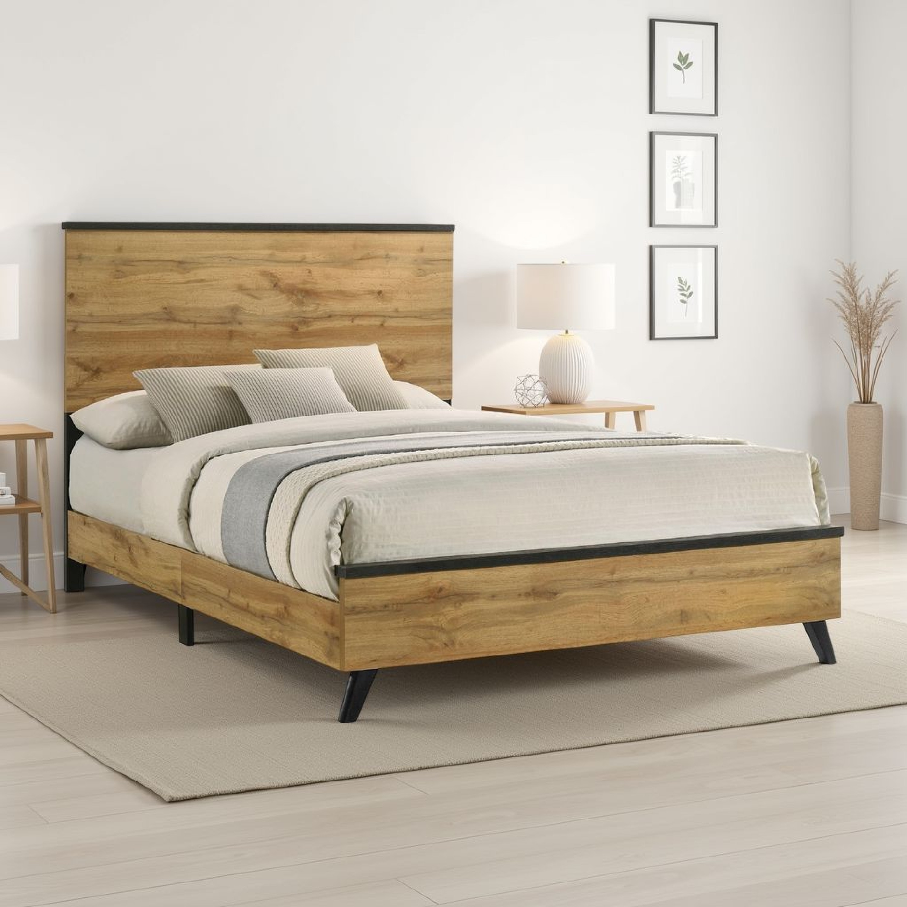 Wemy Full Size Bed, Tall Panel Headboard, Natural Brown Pine Finish
