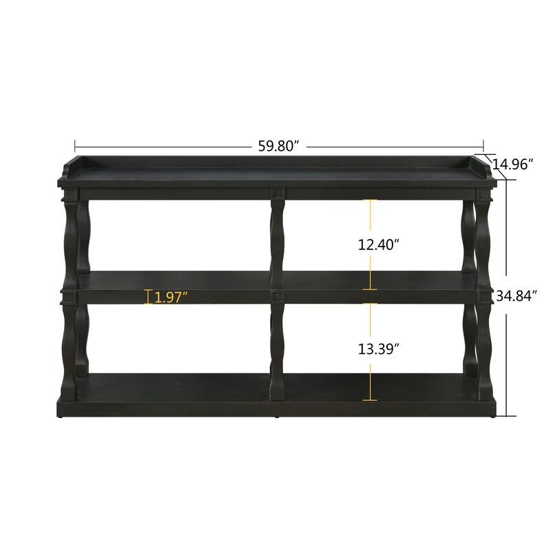 60" Console Table with 3-Tier Open Storage Shelves and Roman Column Support, Elegant Narrow Table for Entryway