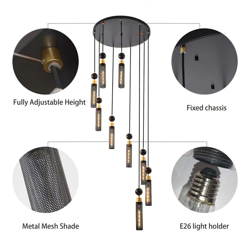 24" Industrial Style 9-Light Pendant Chandelier - Black & Gold Adjustable Ceiling Fixture with Metal Mesh Shades(No Bulbs).