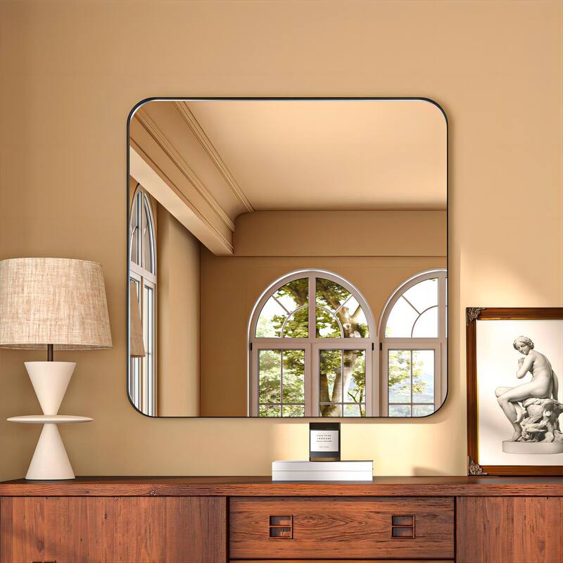 Organnice Rectangular Aluminum Framed Modern Rounded Wall Mount Mirror