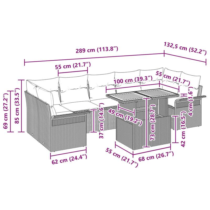 vidaXL 8 Piece Garden Sofa Set with Cushions - 113.8×52.2×27.2