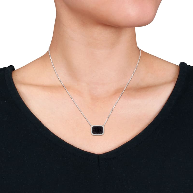 Miadora 5ct TGW Octagon-Cut Black Agate Halo Necklace Sterling Silver-17 in.