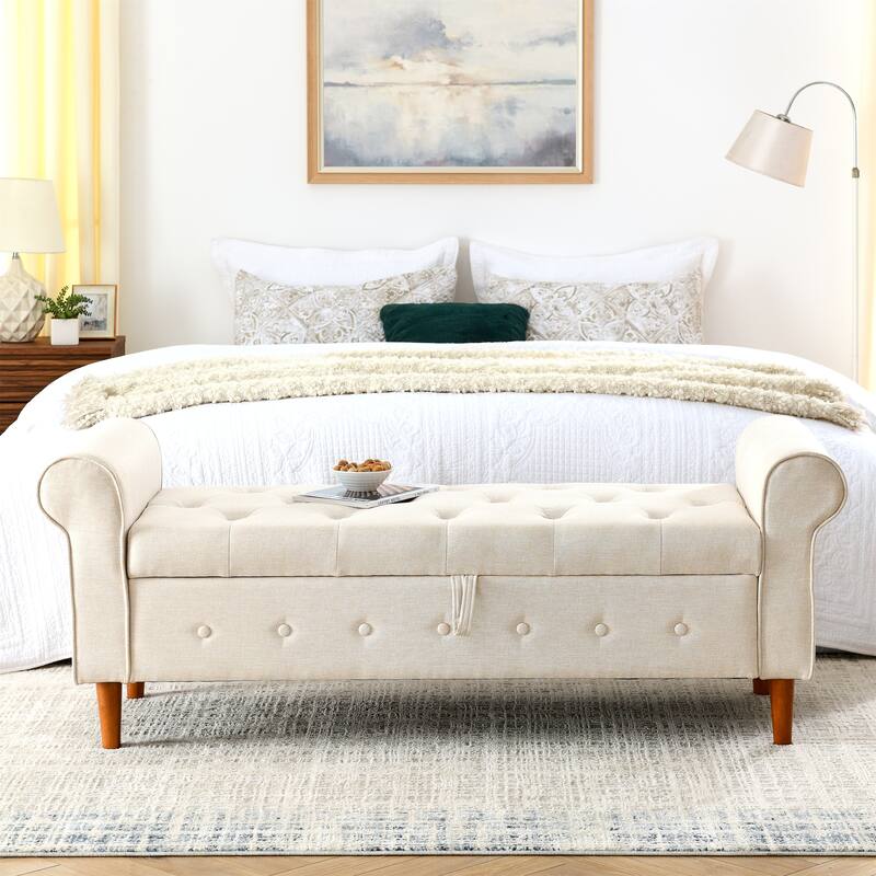 62" Bedroom Tufted Button Storage Bench, Modern Fabric Upholstered Ottoman,Window Bench,Rolled Arm Design for Bedroom
