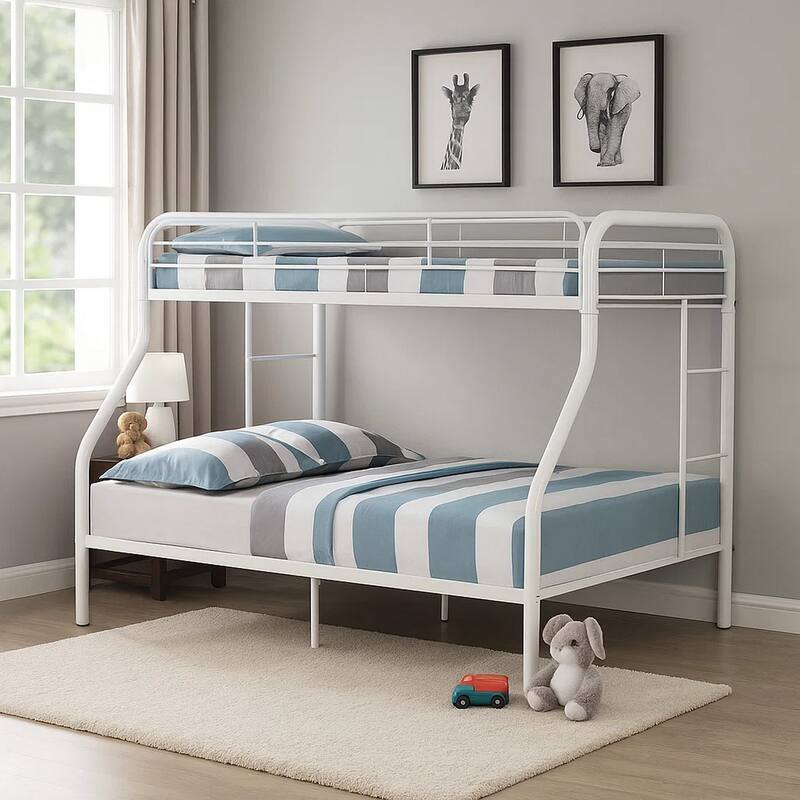 Fegy Twin over Full Bunk Bed with Ladder and Rails, Silver Metal Frame