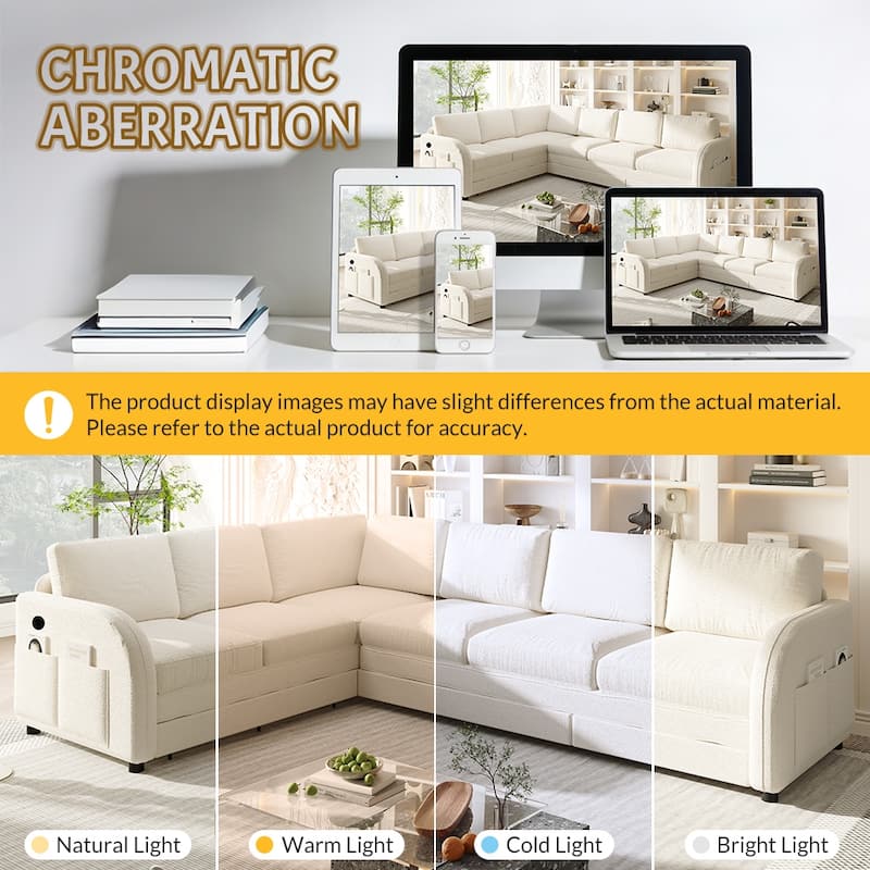 Homy Casa 85"/115" L-Shaped Sectional Sofa Bed USB & Side Pocket, Teddy Fabric Pull-Out Sleeper, Reversible Chaise, Multi Colors