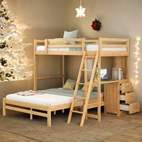 slide 2 of 15, Twin over Full Bunk Bed with Built-in Desk and Three Drawers,Multifunctional Loft Bunk Bed With Storage Natural