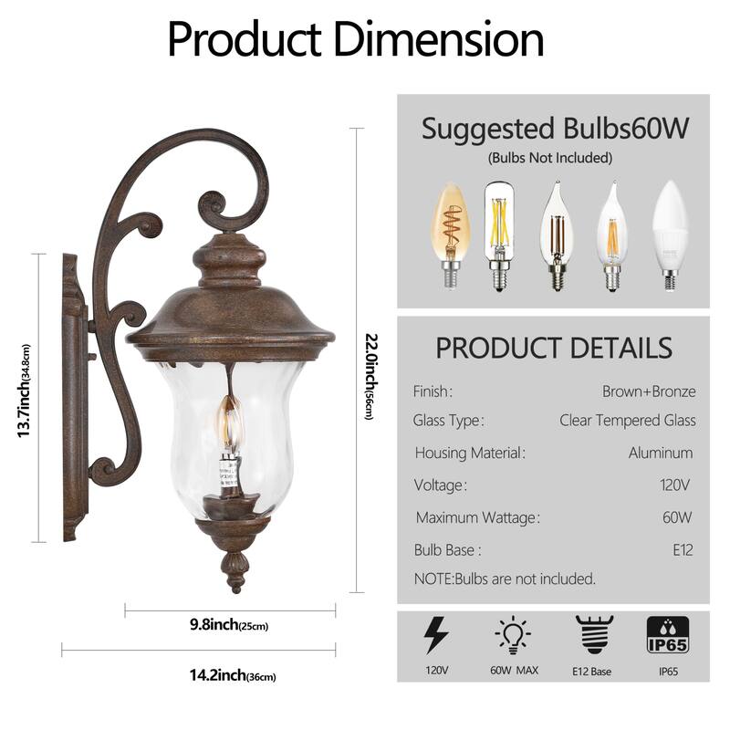 1-Pack 2-Light Vintage Outdoor Lantern Sconce Light with Clear Glass Shade (No bulb)