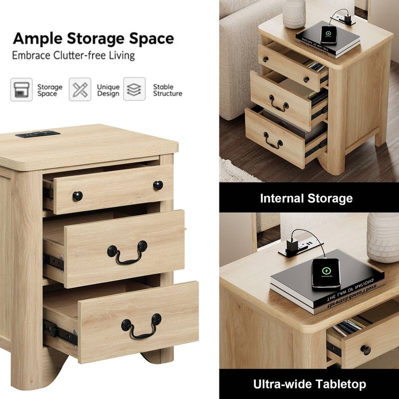 WAMPAT Farmhouse Nightstand with 3 Drawers