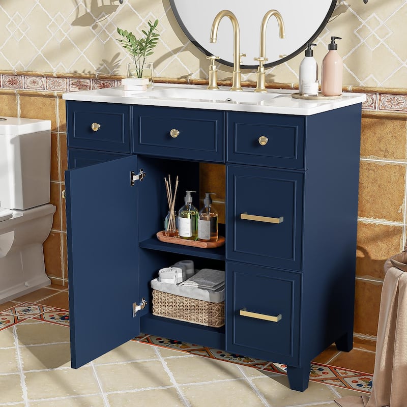 Roomfitters 36" Bathroom Vanity with Ceramic Sink, Solid Wood Frame, Soft Close Doors and 3 Drawers