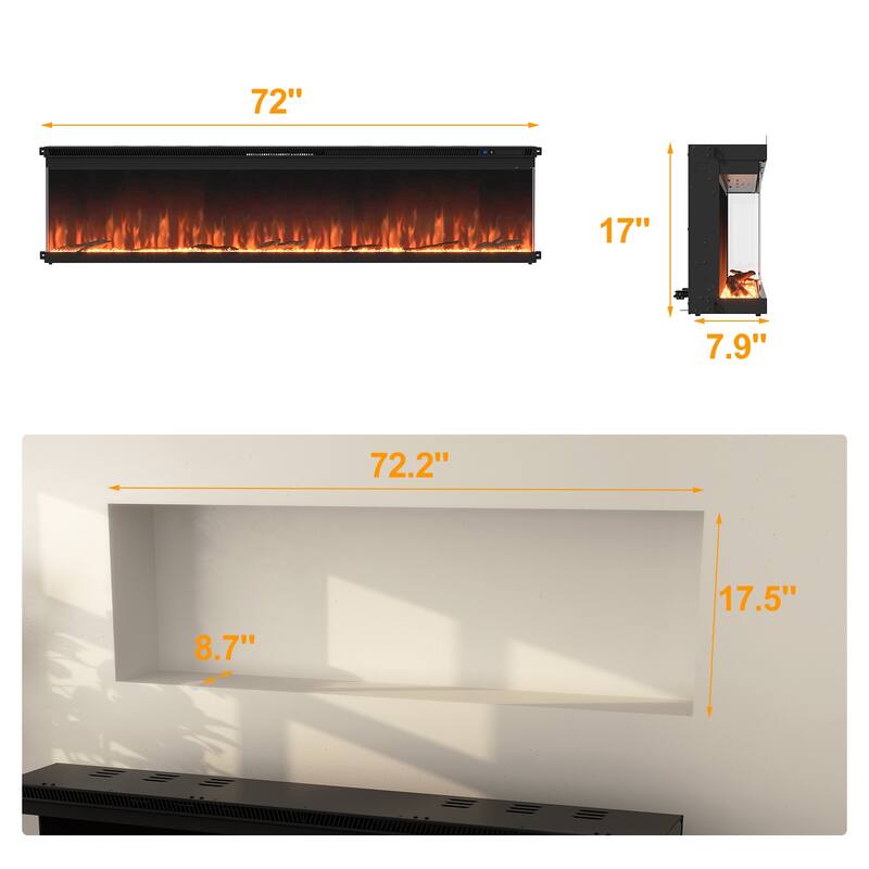 3-Sided Electric Fireplace with 12-Color Flame, Dual Heat Settings 750W/1500W, Smart App & Remote Control – 50/60/70 Inch
