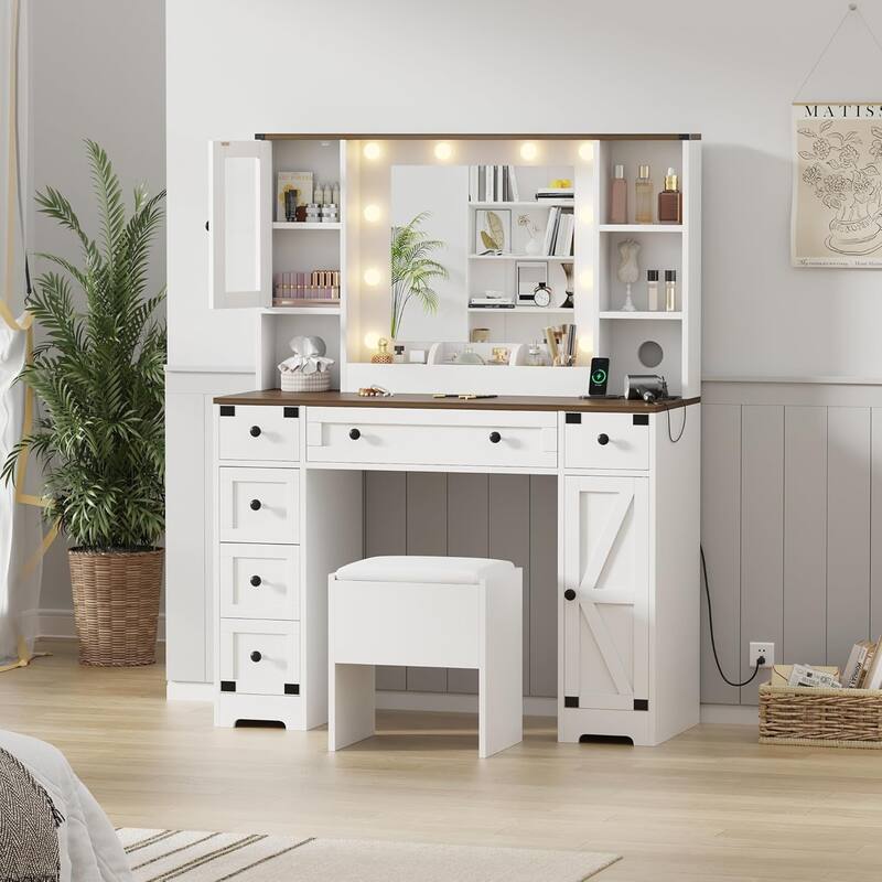 Makeup Vanity Table with 6 Drawers and 2 Cabinets,Vanity Table with Mirror and Lights - White