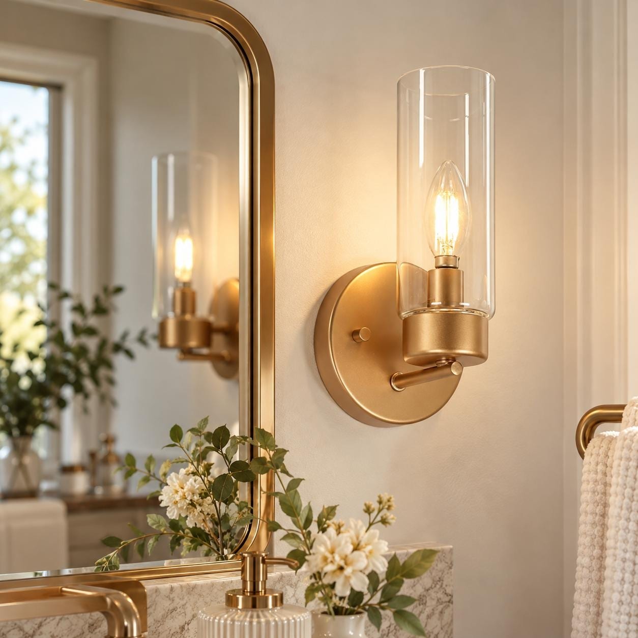 LNC Modern Farmhouse 1-Light Black Gold Silver Bathroom Wall Sconce with Cylinder Clear Glass for Entryway Bedroom