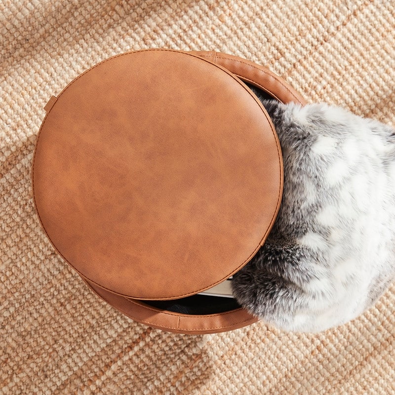 Ornavo Home Lawrence Round Storage Ottoman with Lift Off Lid and Tray Lid Coffee Table